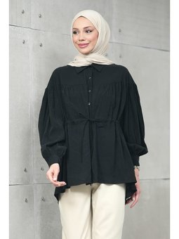 Siyah Bel Bağlamalı Modal Salaş Gömlek