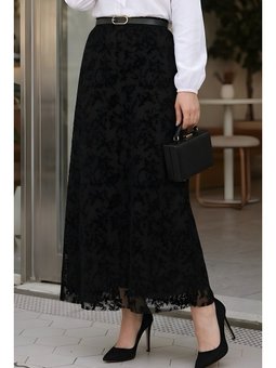 Siyah Bel Kemerli Astarlı Flok Tül Etek