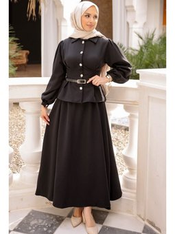 Siyah Bel Pens Dikişli Dabıl Gömlek Etekli Takım