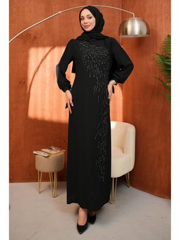 Siyah Bisiklet Yaka Taş İşlemeli Abiye Elbise