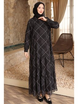 Siyah Desenli Şifon Elbise