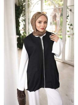 Siyah Fermuarlı Oversize Gabardin Yelek