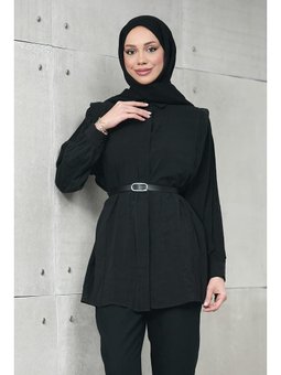 Siyah Gizli Patlı Belden Kemerli Modal Dokuma Tunik Gömlek
