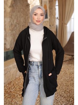 Siyah Kanguru Cepli Üç İplik Hırka