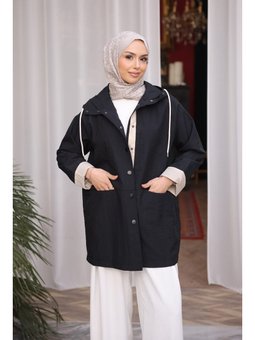 Siyah Kapüşonlu Çıt Düğmeli Trençkot