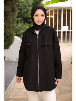 Siyah Kapüşonlu Fermuarlı Kaşe Ceket