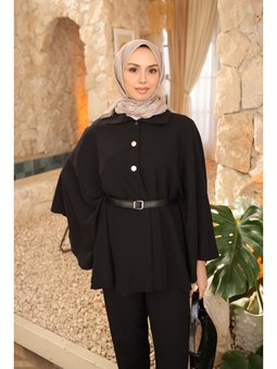 Siyah Kemerli Düğmeli Dabıl Panço