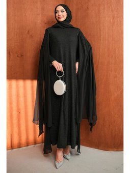 Siyah Omuz Boncuklu Pelerinli Abiye Elbise