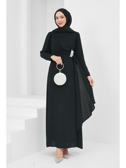 Siyah Önü Drapeli Taşlı Abiye Elbise