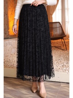 Siyah Piliseli Flok Baskılı Astarlı Tül Etek