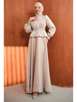 Vizon Beli Volan Detaylı Taşlı Janjan Saten Abiye Elbise