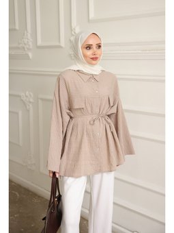 Vizon Çizgili Oversize İp Bağlamalı Gömlek