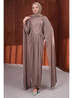 Vizon Omuz Pelerinli Boncuk İşlemeli Drapeli Abiye Elbise