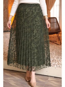Yeşil Piliseli Flok Baskılı Astarlı Tül Etek