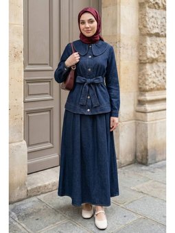Bebe Yaka Etekli Koyu Mavi Kot Takım