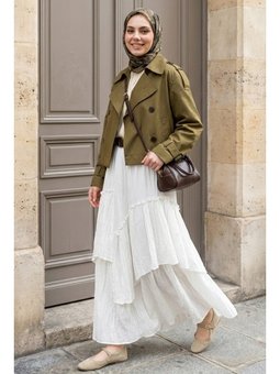 Büzgülü Kat Kat Beyaz Vual Etek