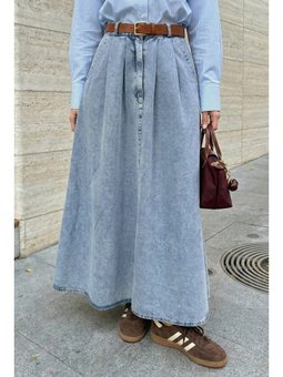 Çift Cep Kloş Mavi Kot Etek