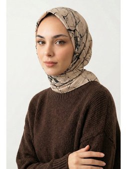 Çizgili Soyut Desenli Bej Soft Pamuk Eşarp