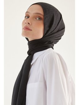 Elle F Desen Jakarlı Pamuklu Siyah Şal