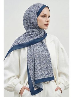 Etnik Çiçek Desenli İndigo Soft Pamuk Şal