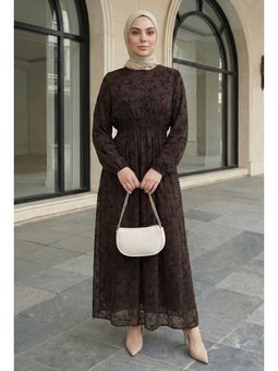 Flok Tül Acı Kahve Elbise