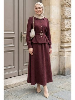 Önü Düğmeli Etekli Kemerli Bordo Takım