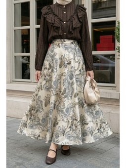 Paisley Desen Şifon Saten Haki Etek