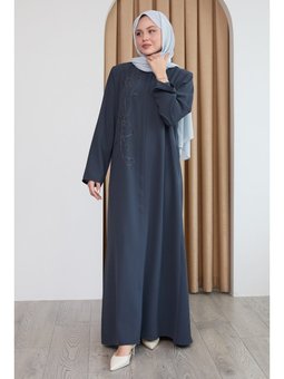 Parlak Boncuk Taşlı Antrasit Ferace