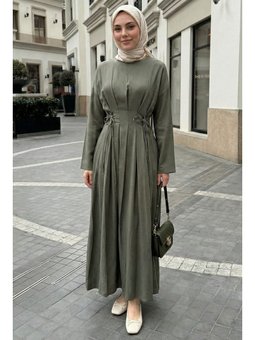 Pileli Kuşaklı Haki Elbise
