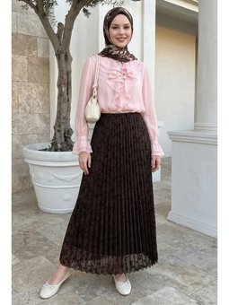 Piliseli Çiçekli Acı Kahve Flok Etek