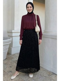 Piliseli Çiçekli Siyah Flok Etek