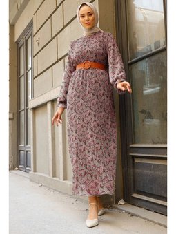 Şal Desen Gül Kurusu Şifon Elbise