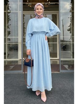 Şal Yaka Beli Büzgülü Bebe Mavisi Elbise