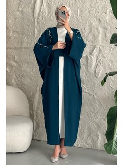 Sarmaşık Desen Taşlı Elbiseli Abaya Petrol Mavisi