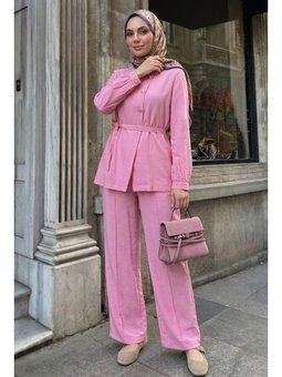 Üç Düğmeli Kuşaklı Pembe Modal Takım