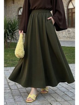 Uzun Kloş Cepli Haki Duble Kumaş Etek