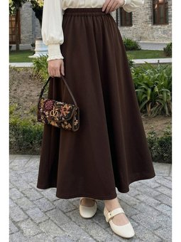 Uzun Kloş Cepli Kahverengi Duble Kumaş Etek