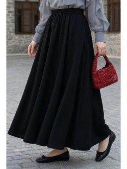 Uzun Kloş Cepli Siyah Duble Kumaş Etek
