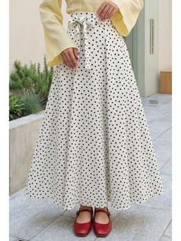 Yüksek Bel Kuşaklı Puantiyeli Beyaz Etek