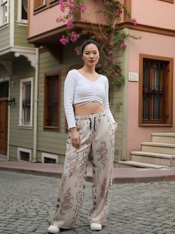 Ekru Baskılı Spor Baggy Bürümcük Pantolon