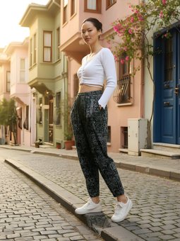 Haki Baskılı Sokak Tarzı Spor Bürümcük Şalvar Pantolon