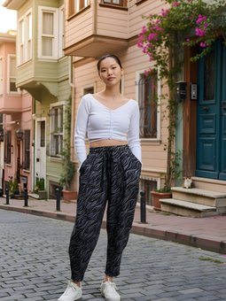 Siyah Baskılı Sokak Tarzı Bürümcük Spor Şalvar Pantolon