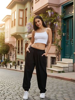 Siyah Baskılı Spor Şalvar Sokak Tarzı Pantolon