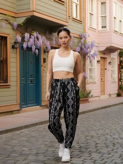 Siyah Jakar Desenli Sokak Tarzı Spor Şalvar Pantolon