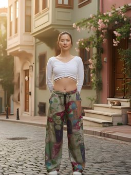 Yeşil Baskılı Baggy Spor Sokak Tarzı Bürümcük Pantolon