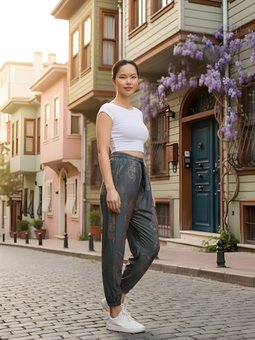 Yeşil Baskılı Sokak Tarzı Spor Bürümcük Şalvar Pantolon