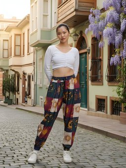 Yeşil Baskılı Sokak Tarzı Spor Şalvar Bürümcük Pantolon