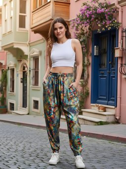 Yeşil Baskılı Sokak Tarzı Spor Şalvar Bürümcük Pantolon