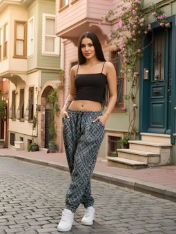 Yeşil Baskılı Sokak Tarzı Spor Şalvar Pantolon