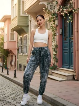 Yeşil Desenli Jakar Sokak Tarzı Spor Şalvar Pantolon